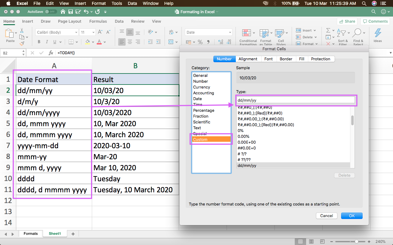 Different examples of the display with the same date. Date Formatting in EXCEL
