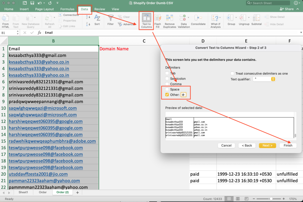 Search Domain from Email ID via Text to Column