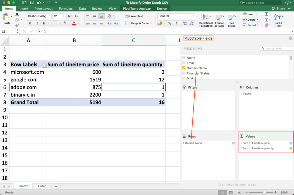 Shopify Order report via Pivot Table